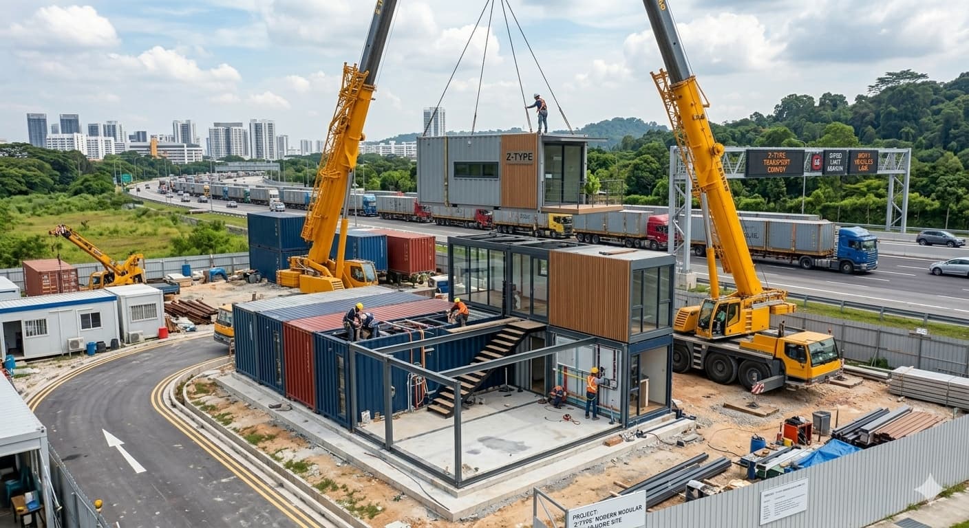 A modern modular container home being assembled on site