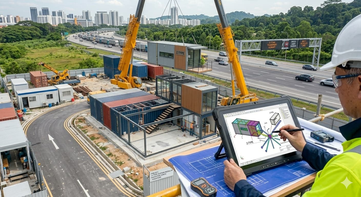 An engineer reviewing CAD drawings of a custom modular building