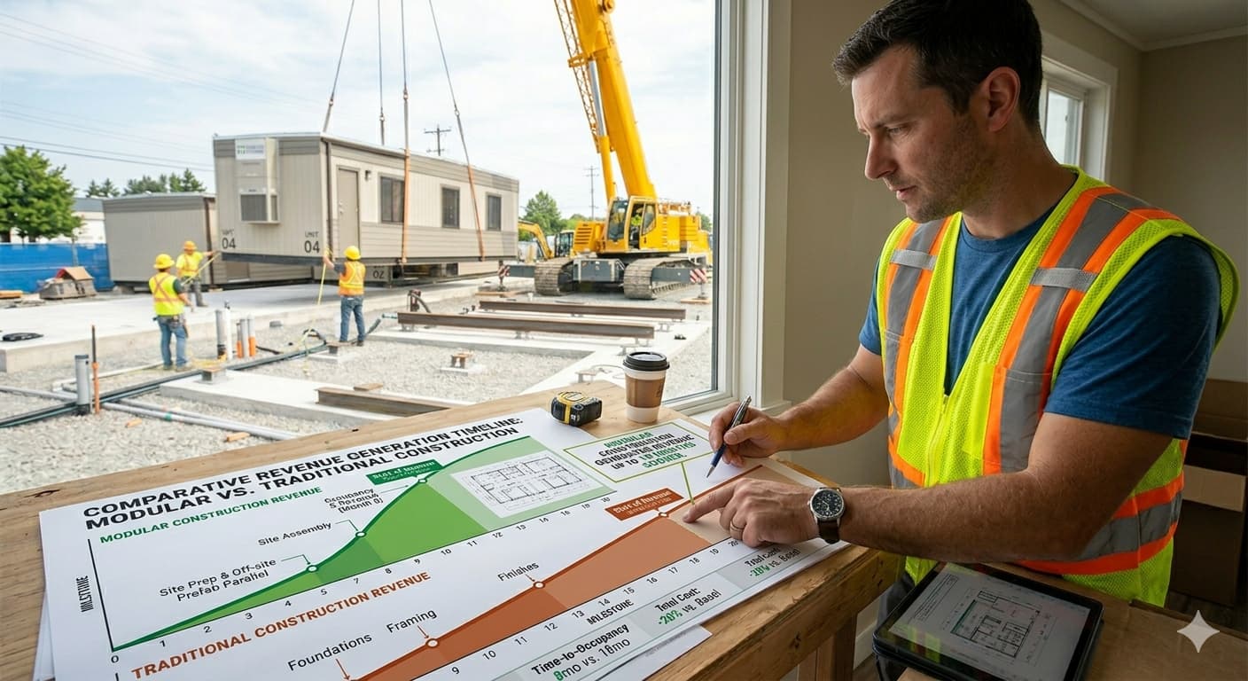 A chart showing revenue starting earlier with modular construction