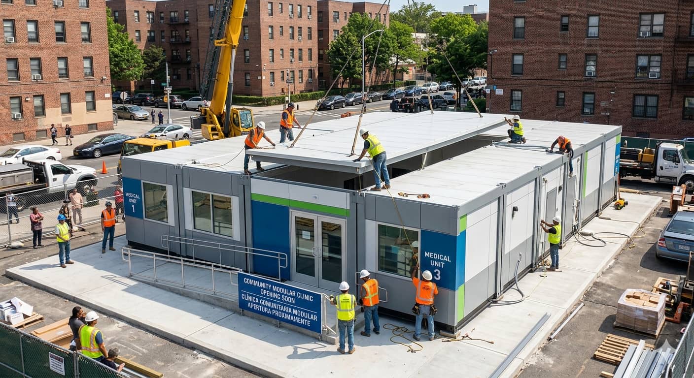 A modular clinic being set up quickly in a community