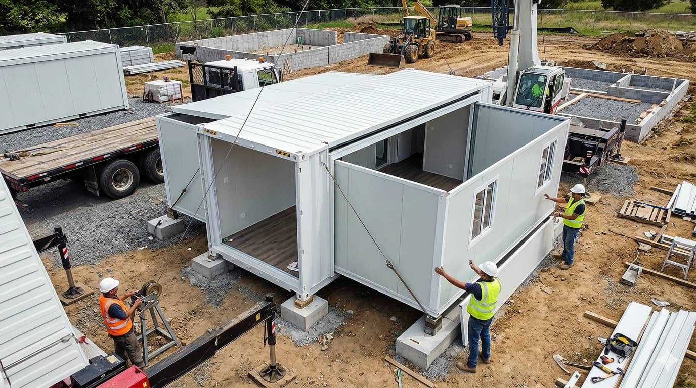 An expandable container house being set up on a project site