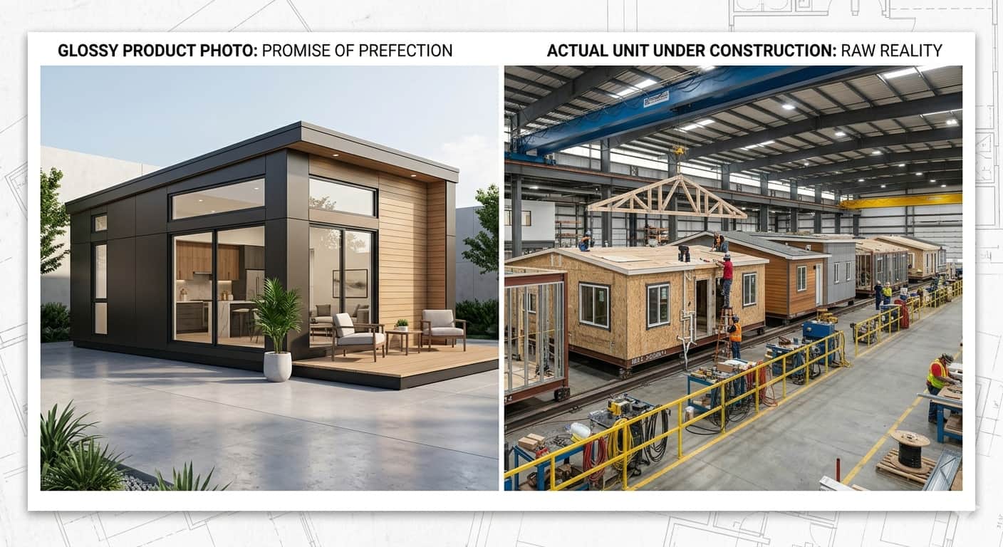 Side-by-side comparison of a glossy product photo and an actual unit under construction
